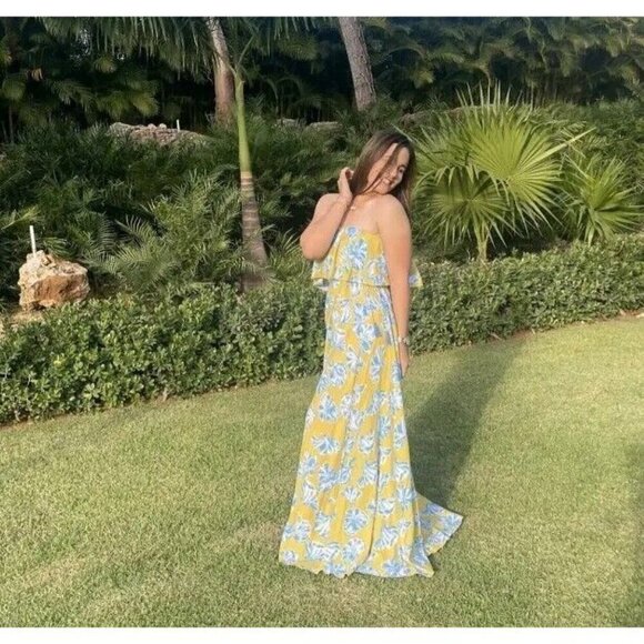 Lulus L Love Boldly Yellow Floral Print Strapless Maxi Dress High Slit Tropical - Picture 5 of 15